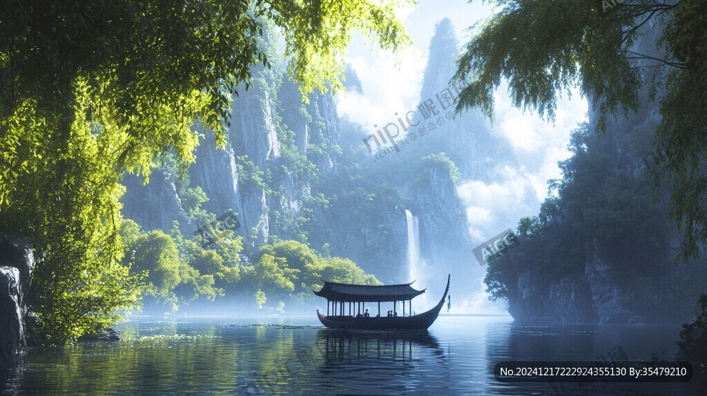 山水樓閣波光小船