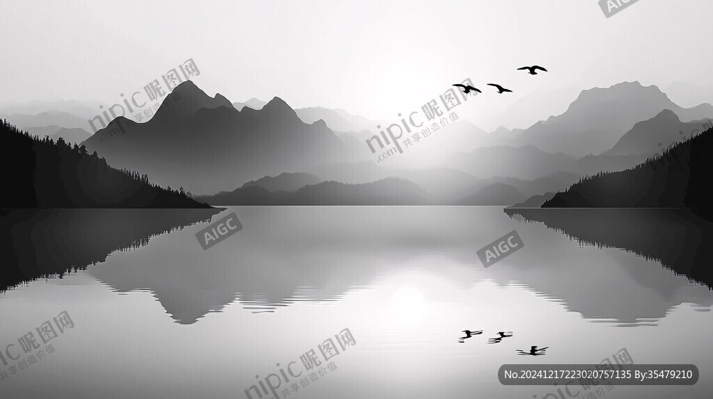 水墨山水湖景