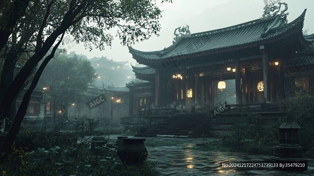 中式古代建筑雨景