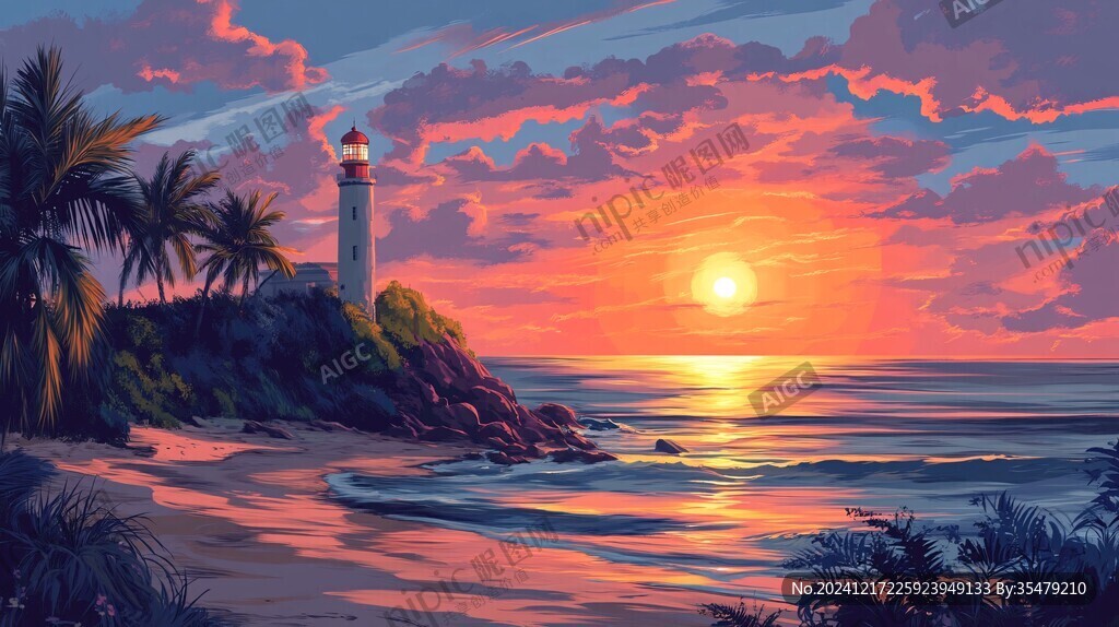 海邊落日插畫
