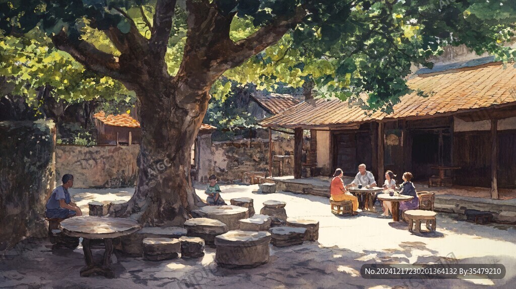 茶館場景油畫