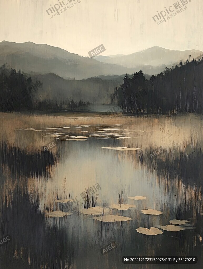 黃昏湖邊油畫