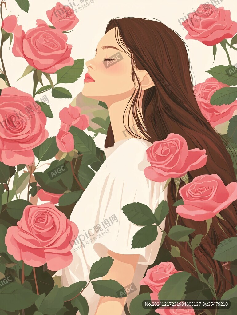 玫瑰花插畫女孩
