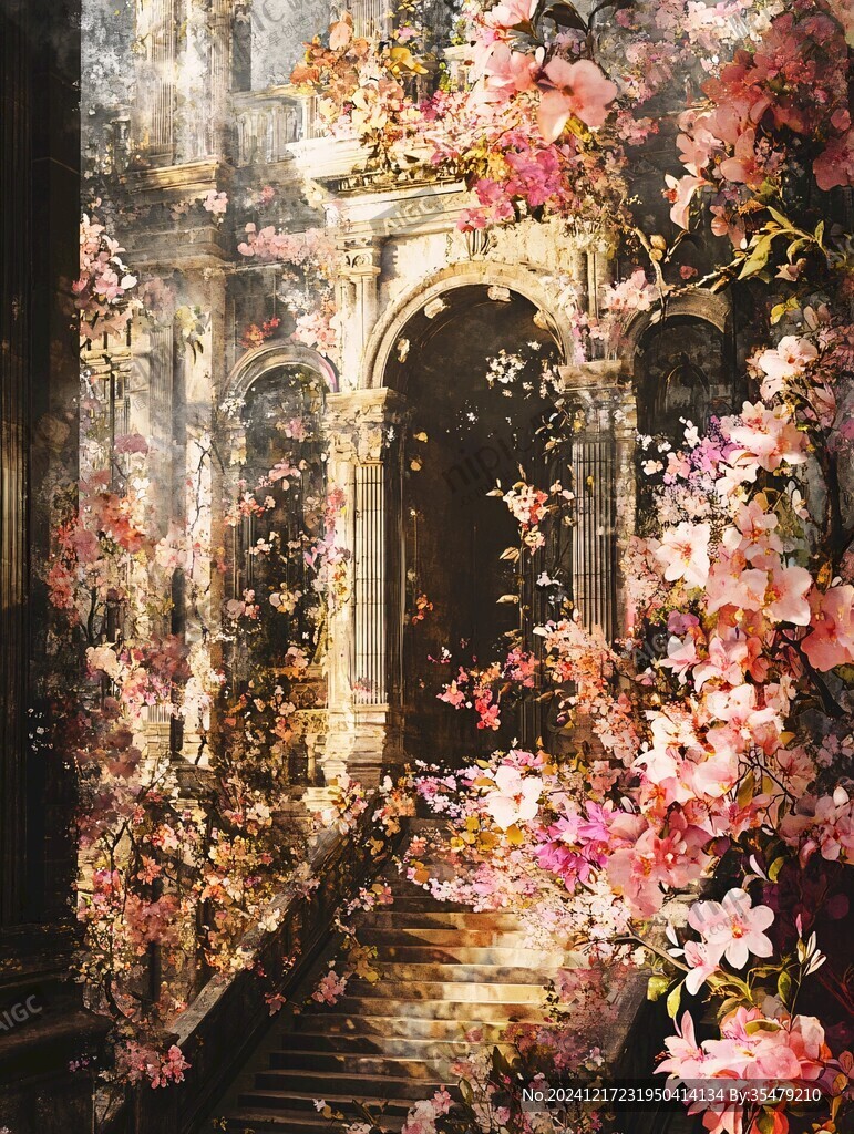 幻想粉紅宮殿插畫