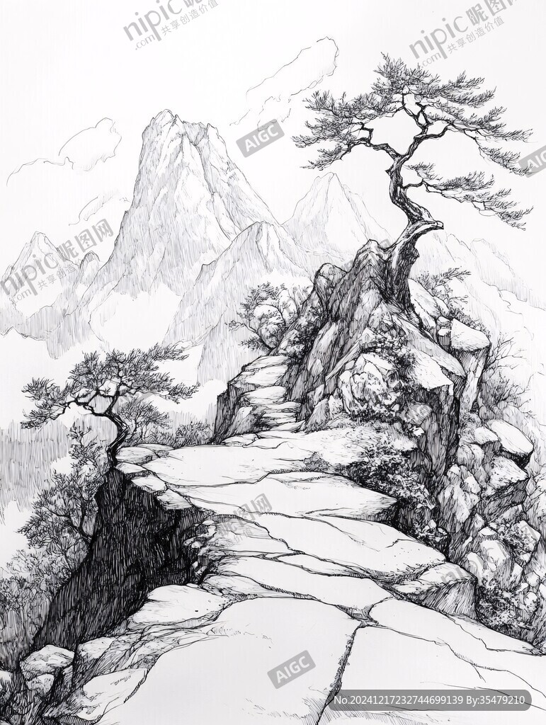迎客松線描