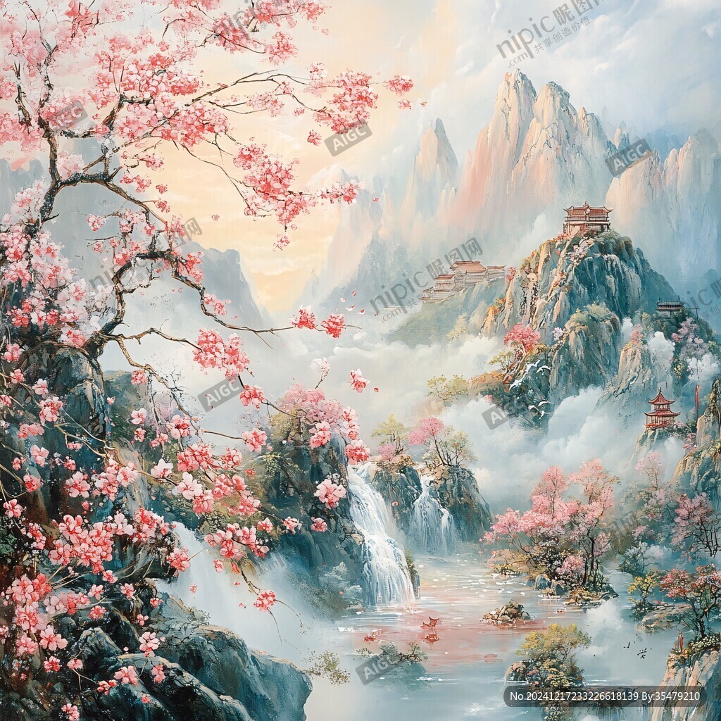 桃花風景油畫
