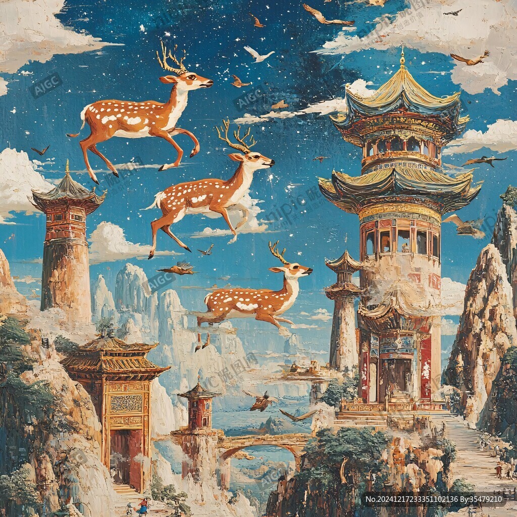 樓閣古風(fēng)仙鹿仙景