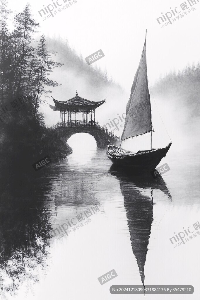水墨孤舟