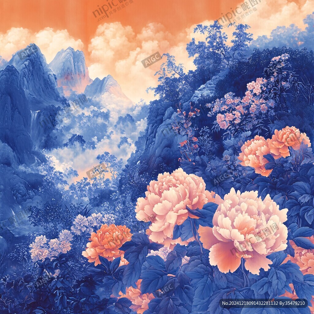 手繪牡丹花云山