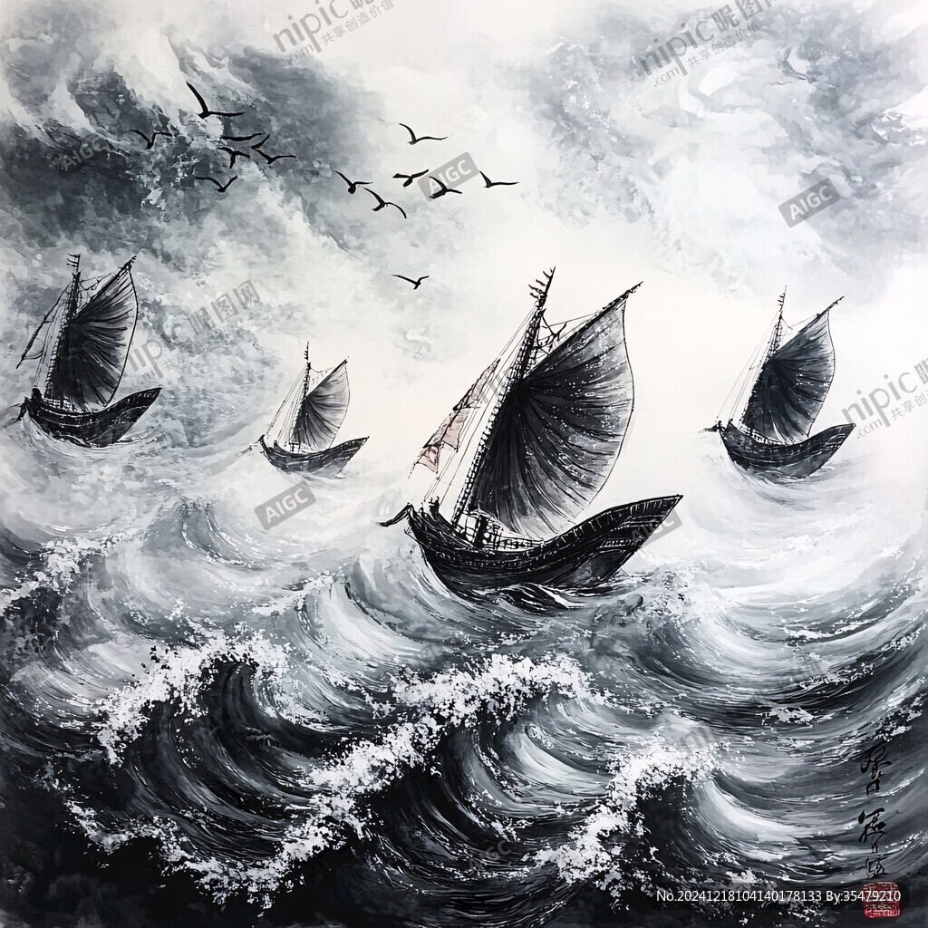 揚帆踏浪油畫