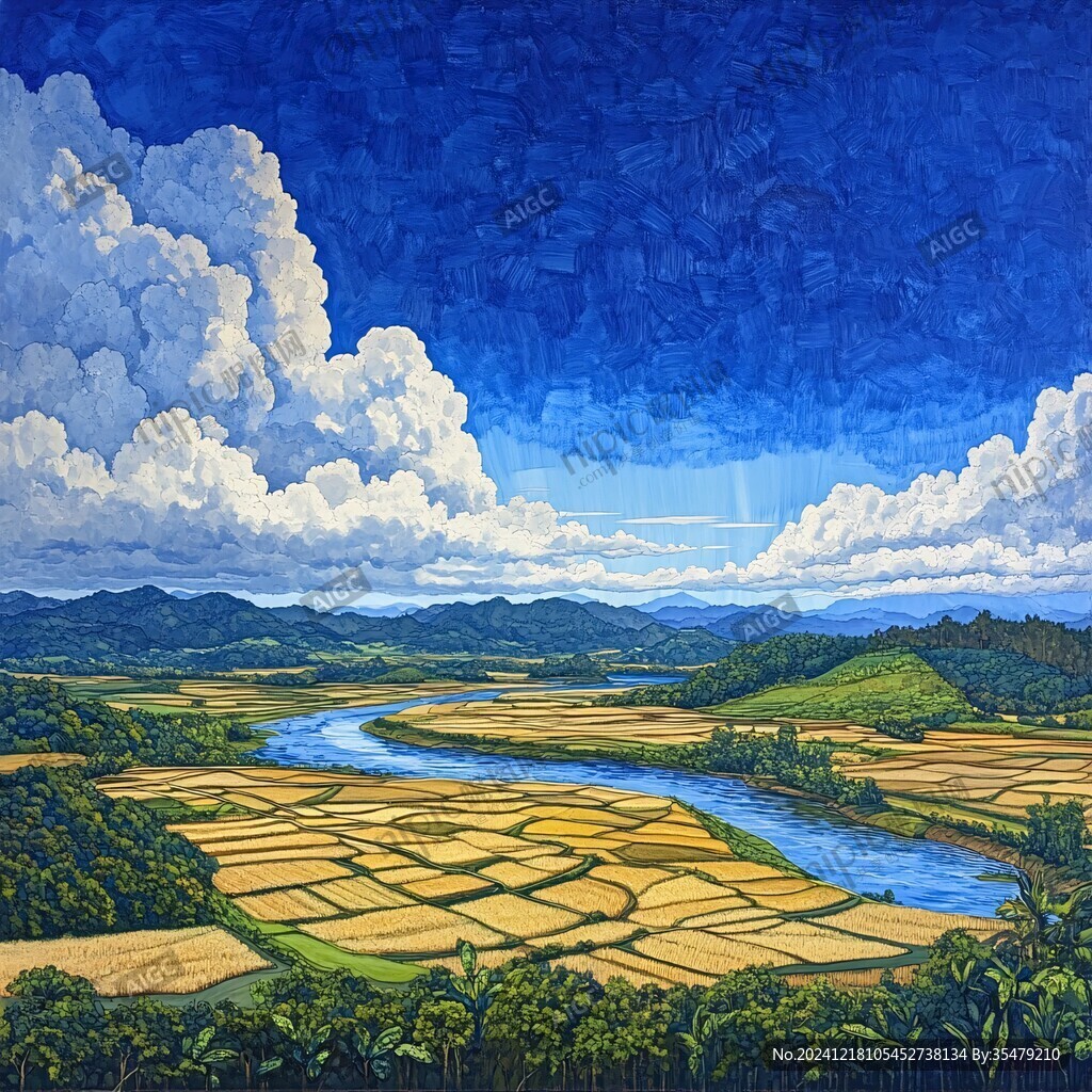 水稻田油畫