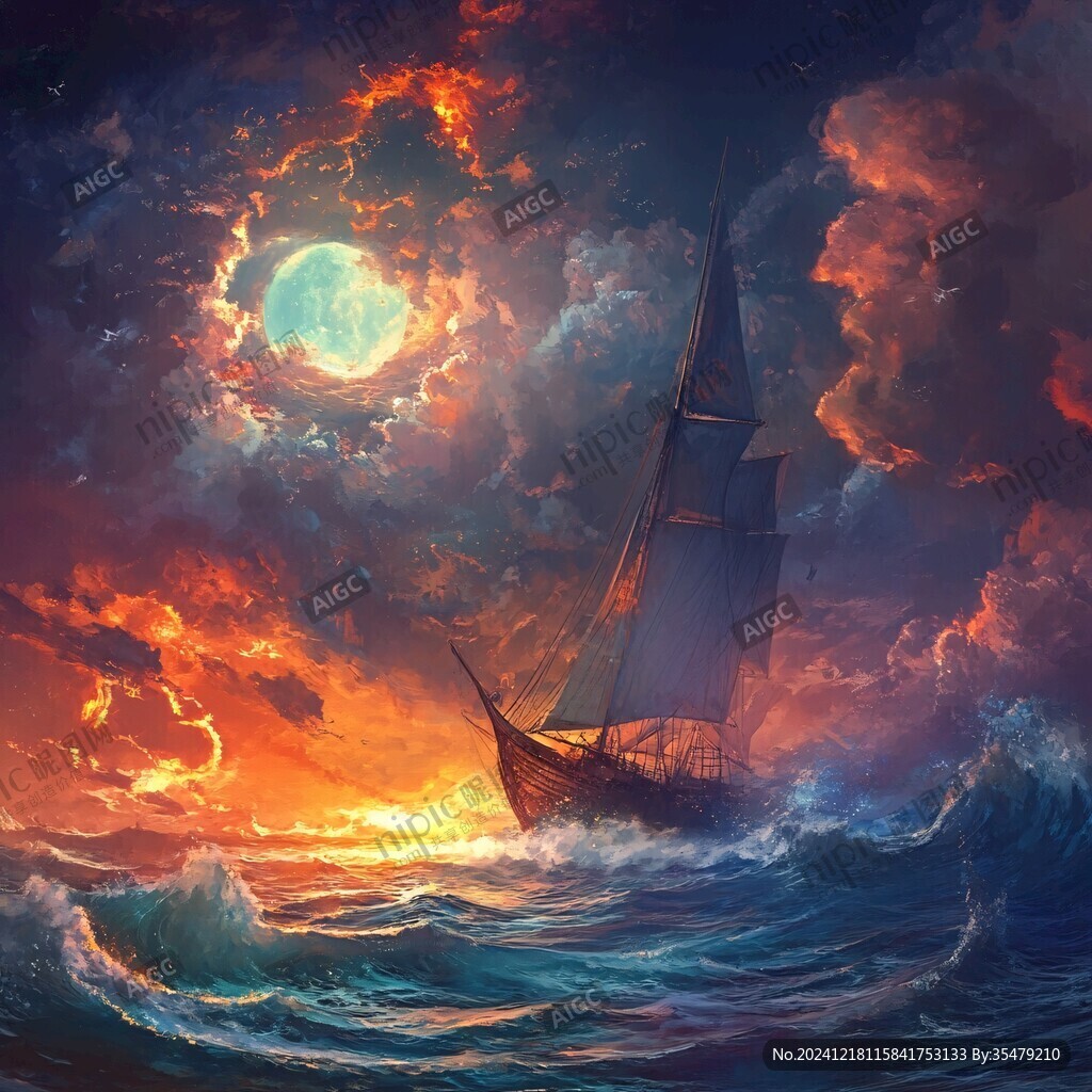 海洋大海月光帆船