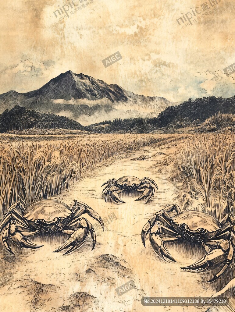 水稻螃蟹插畫