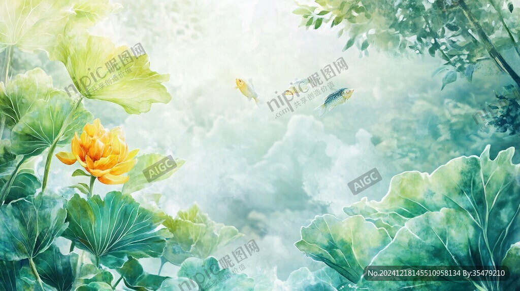 水彩荷花背景墻