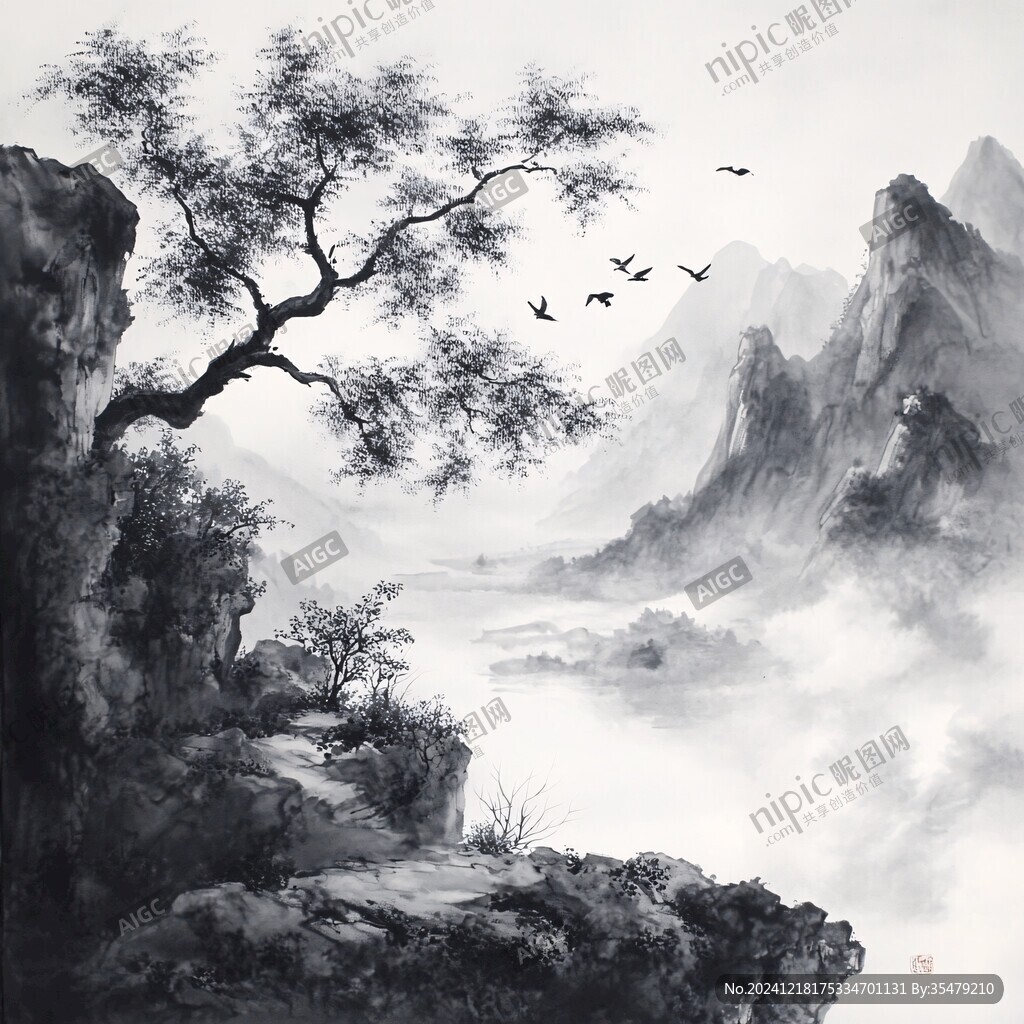 手繪風景畫煙霧山水畫