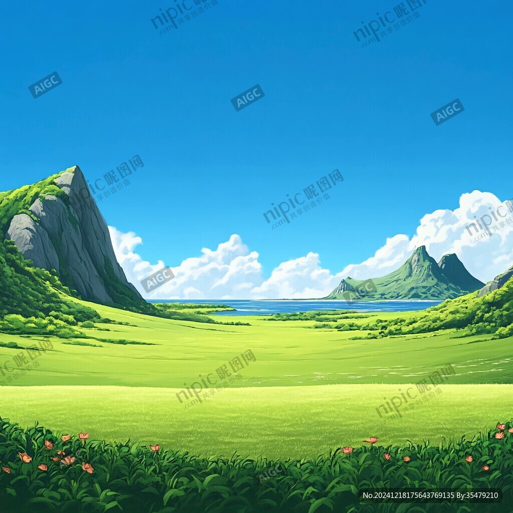 藍天白云山脈草地背景