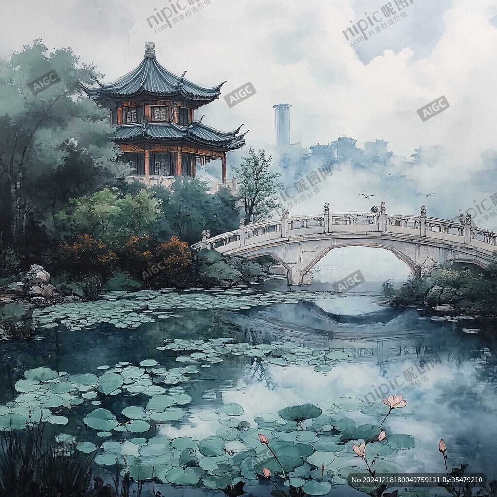 古風亭臺樓閣油畫