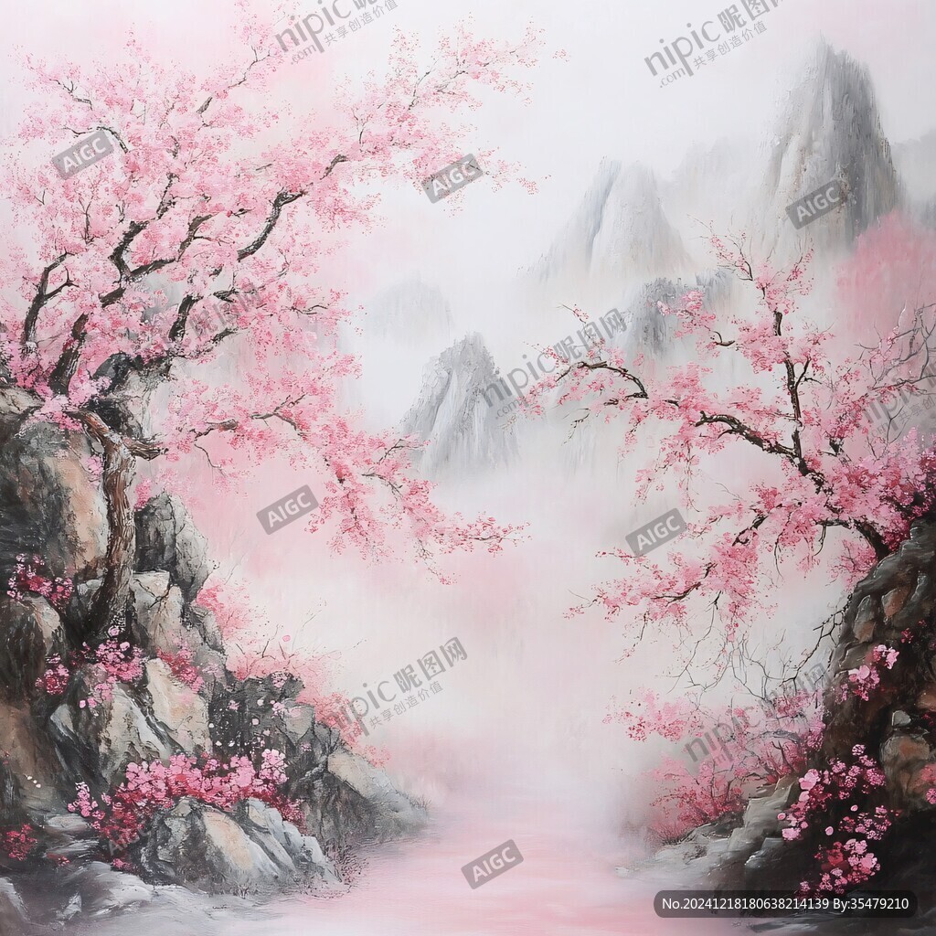 桃花風景油畫