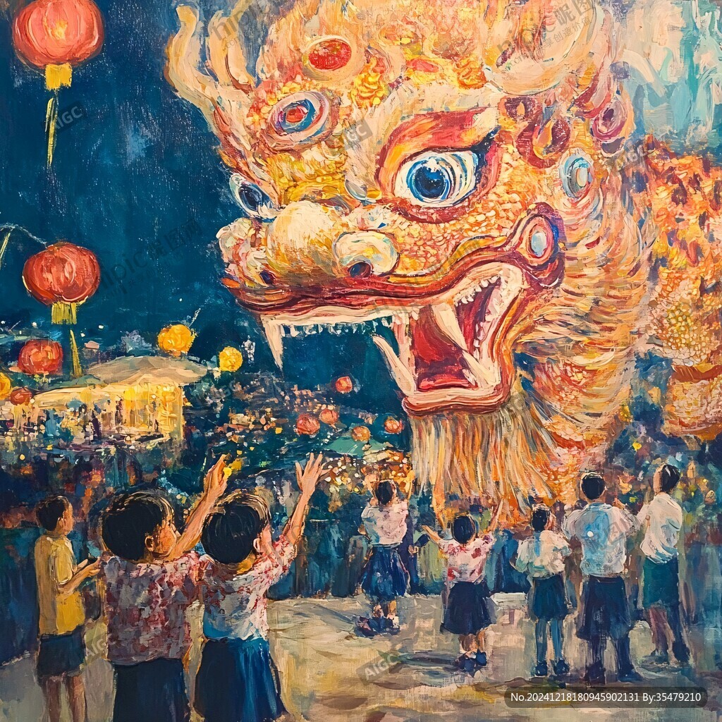 舞獅油畫