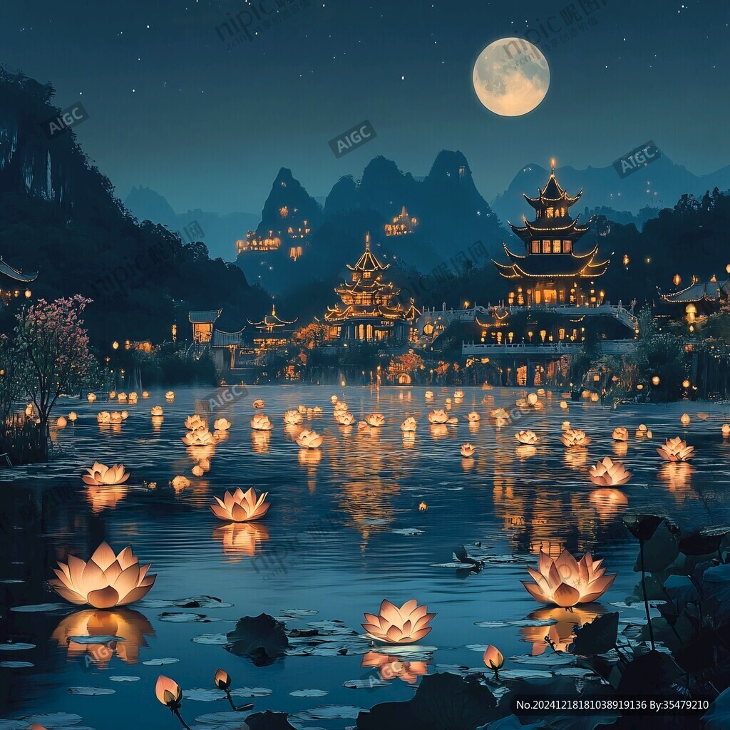中秋節(jié)夜光荷花涼亭