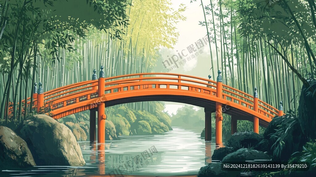 古橋竹林山水