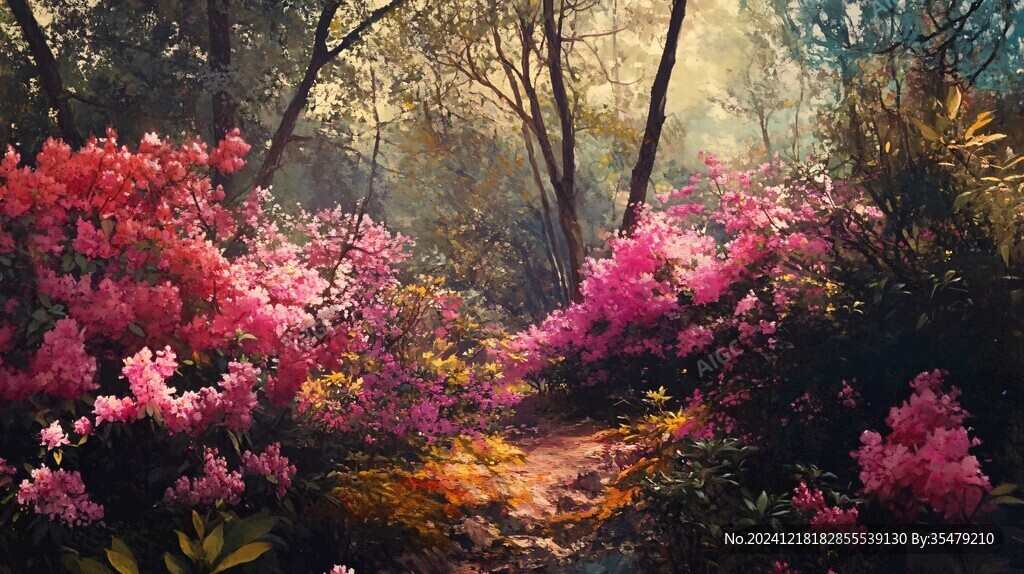 春景森林盛開杜鵑花