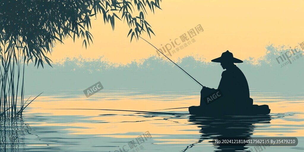 水墨漁夫垂釣水鄉