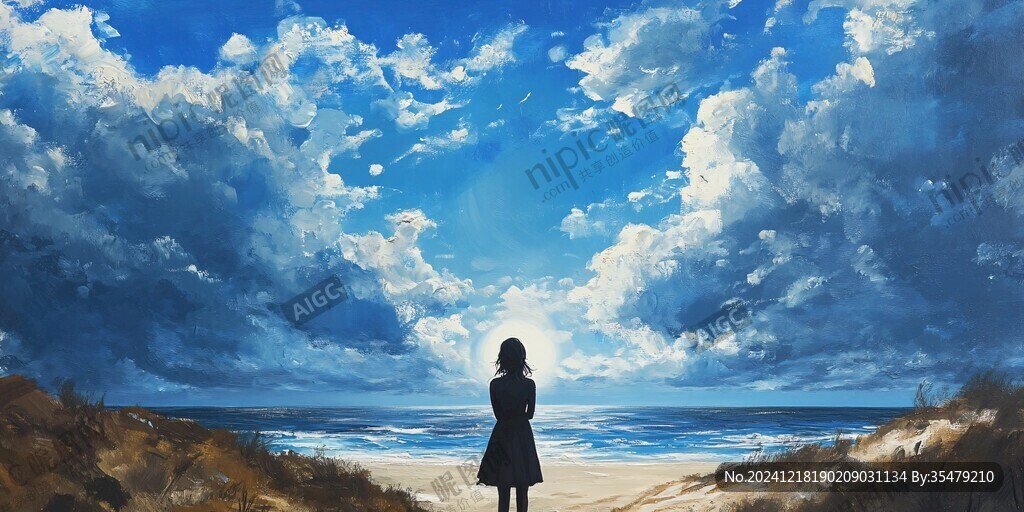 海邊少女插畫