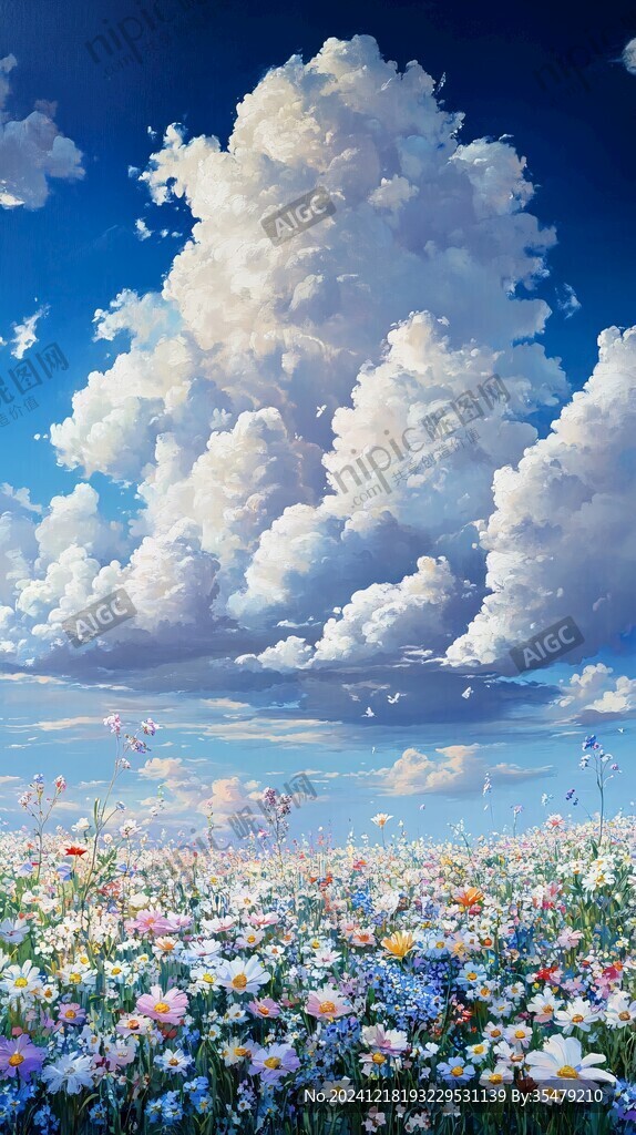 藍天白云鮮花油畫