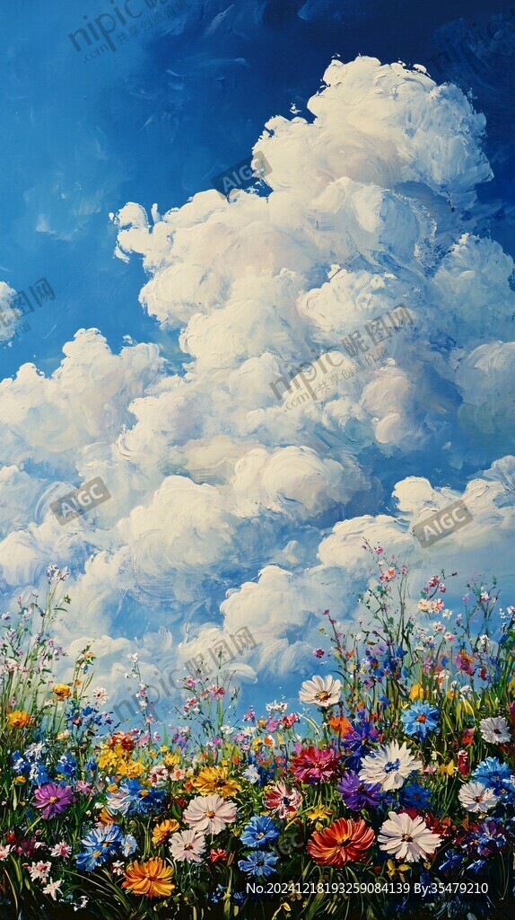 藍天白云鮮花油畫