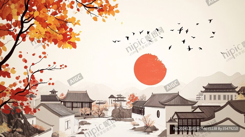 新中式紅葉插畫(huà)