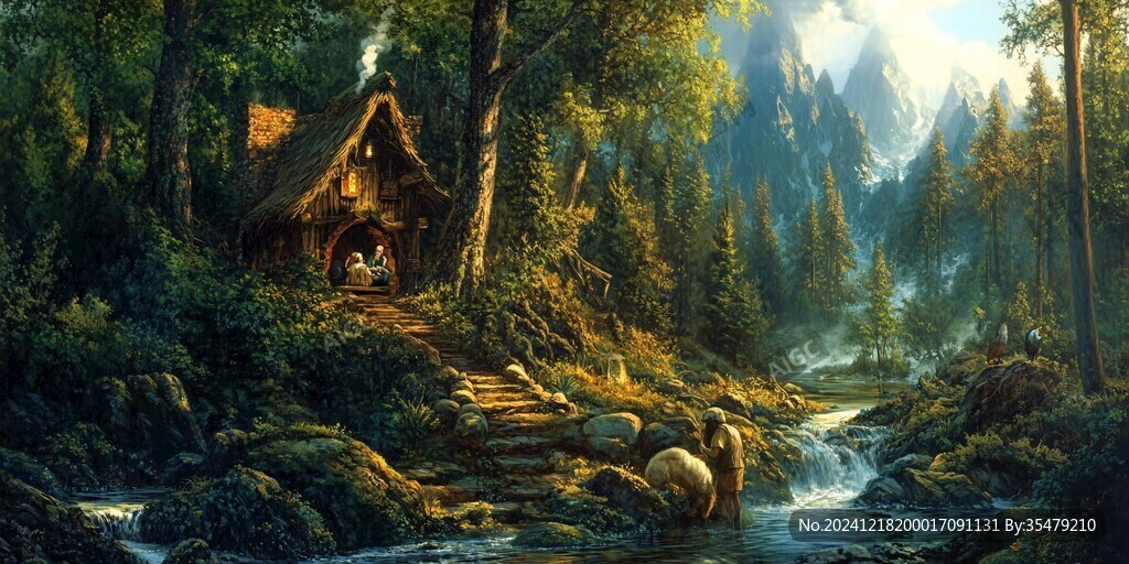 林中小屋油畫