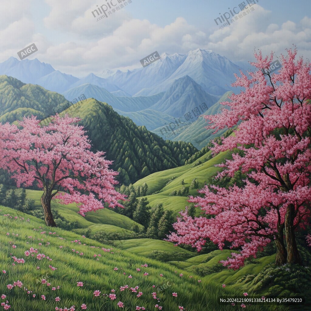 桃花風(fēng)景油畫