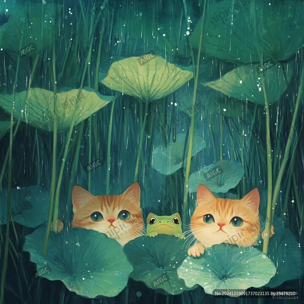 雨天傘下躲雨貓咪插畫