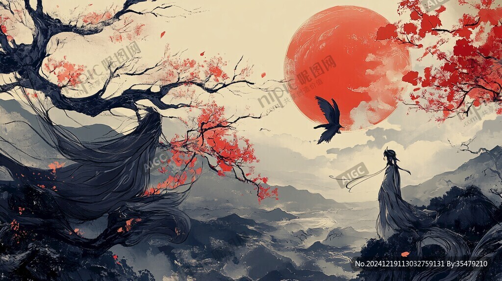 梅花仙鶴旭日東升