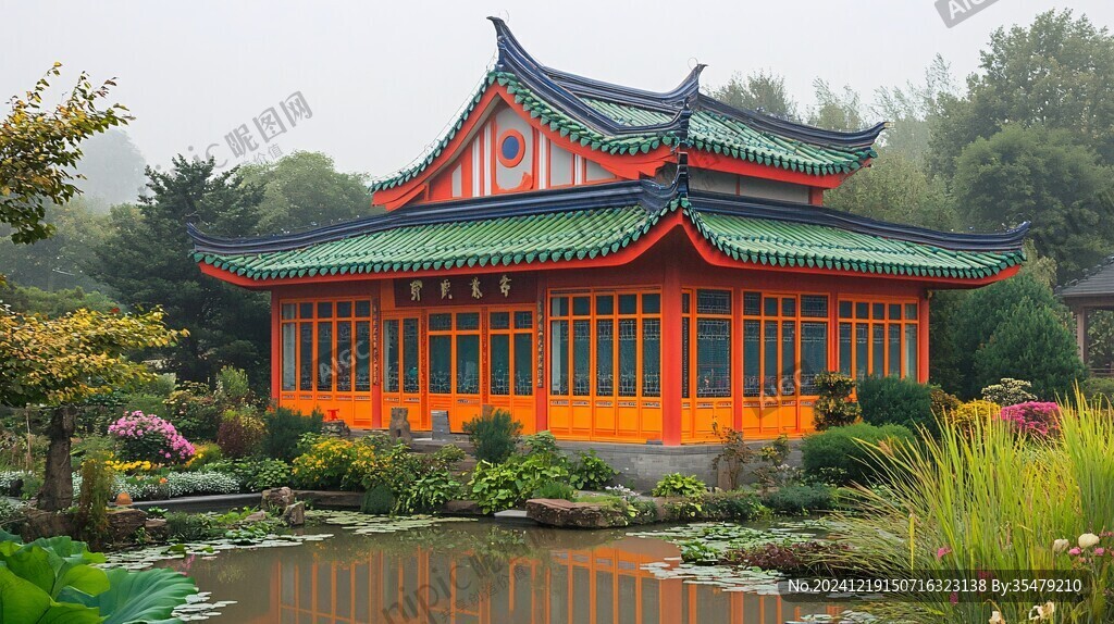 中式建筑仿碧水亭臺