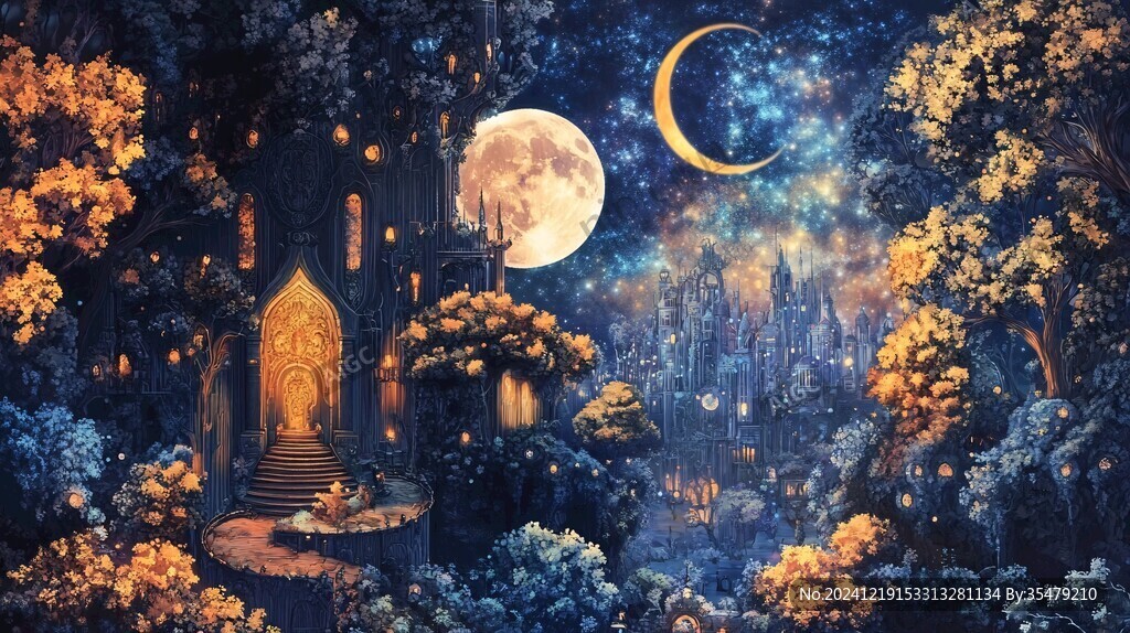 月色夜色夢幻森林背景