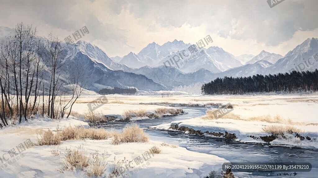 雪山河流油畫