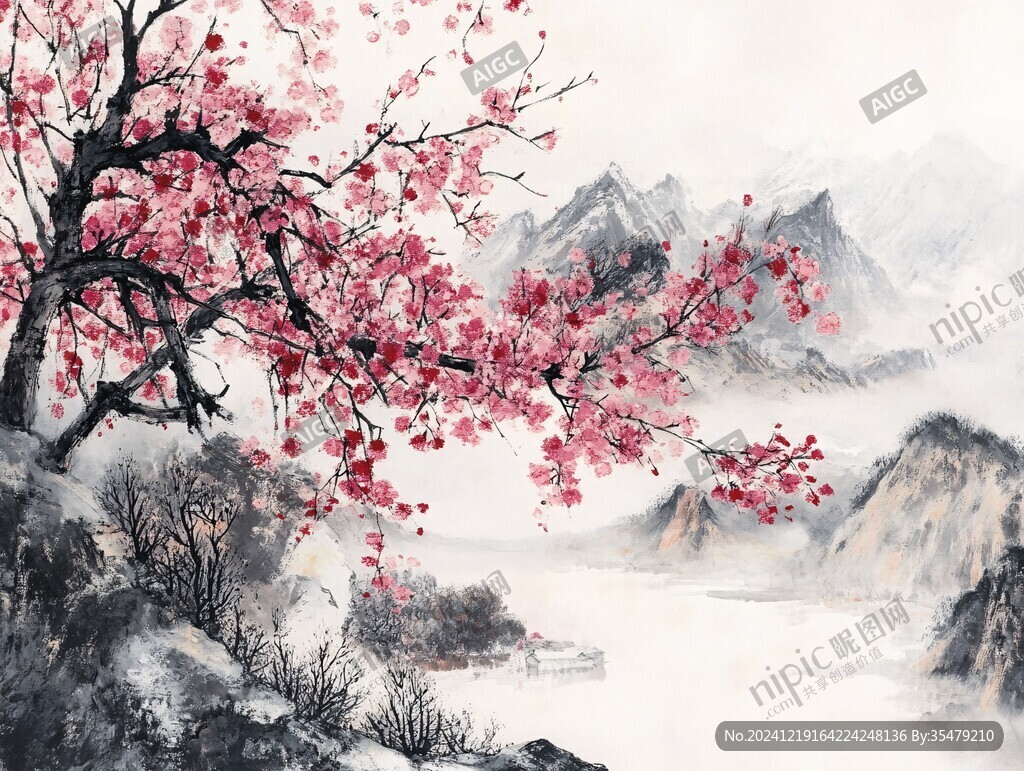 桃花水墨山水畫