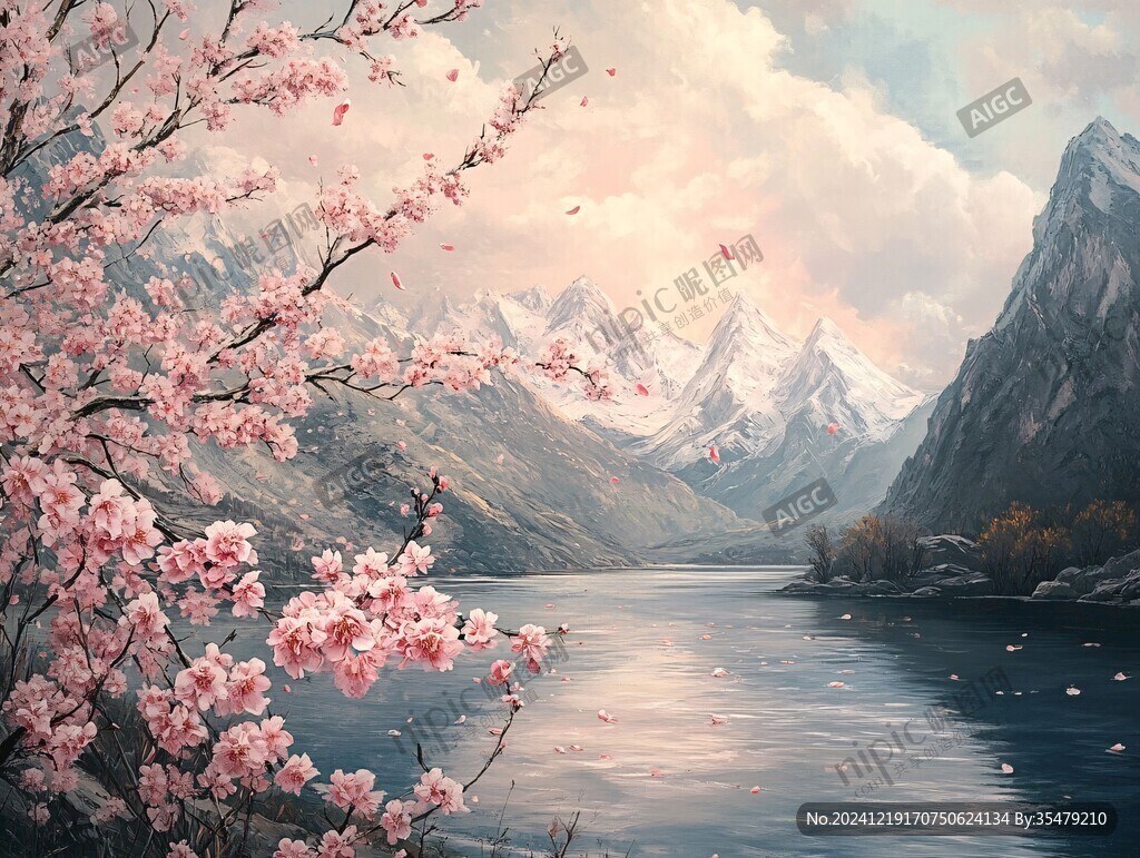 桃花風景油畫