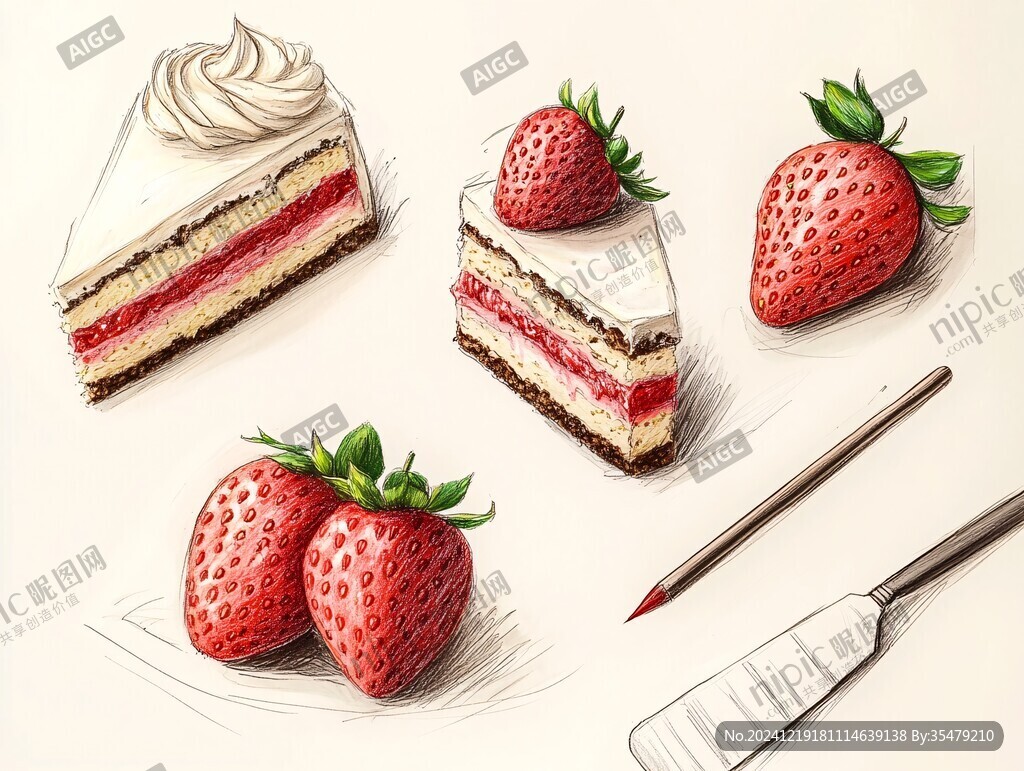 草莓蛋糕手繪插畫