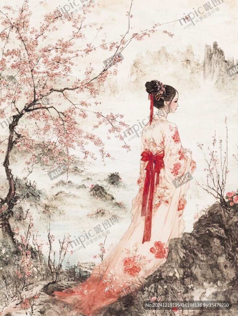手繪美女紅梅圖