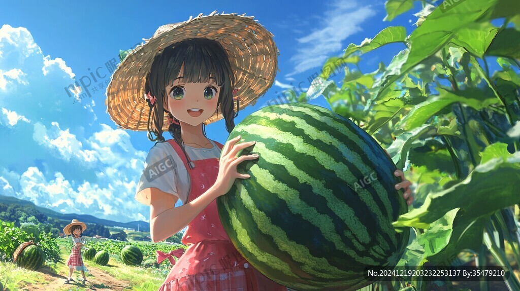 農(nóng)家女孩摘西瓜