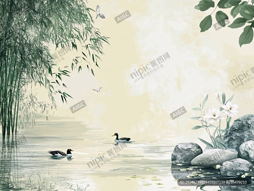 高端壁畫竹林雙雀圖