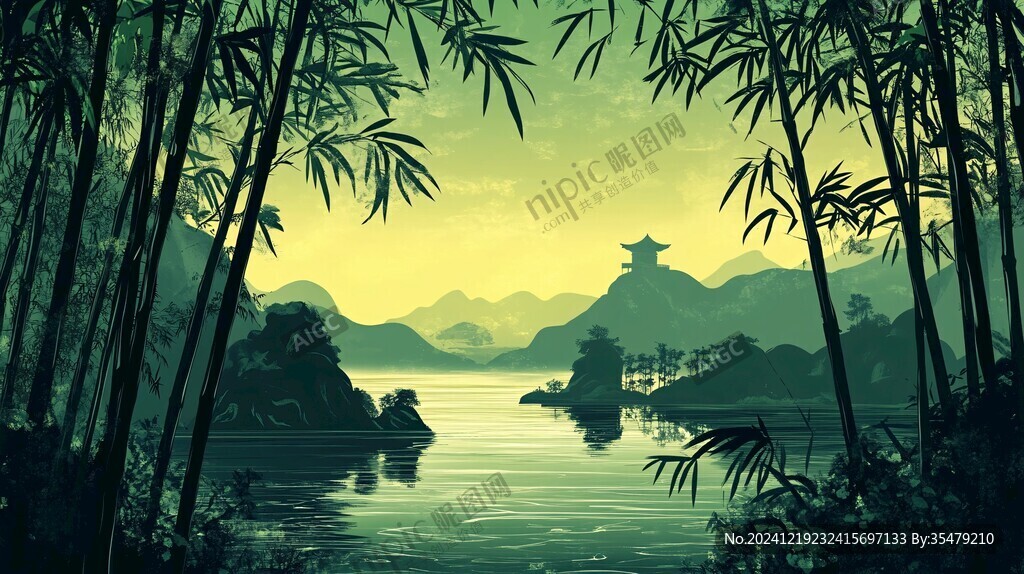 山水竹林插畫