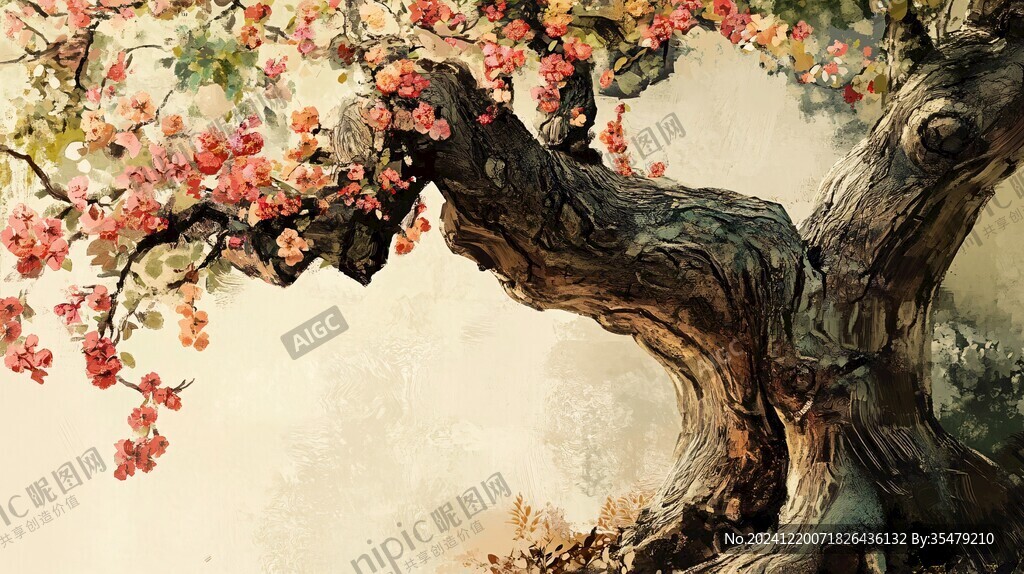 手繪水彩梅花花鳥壁畫