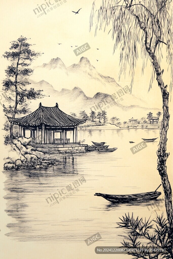 線描古風江景山水