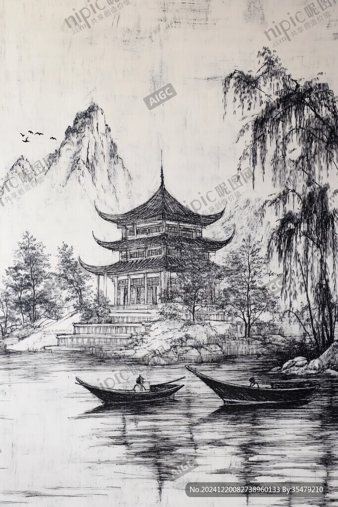 愛(ài)晚亭著名景點(diǎn)工筆畫