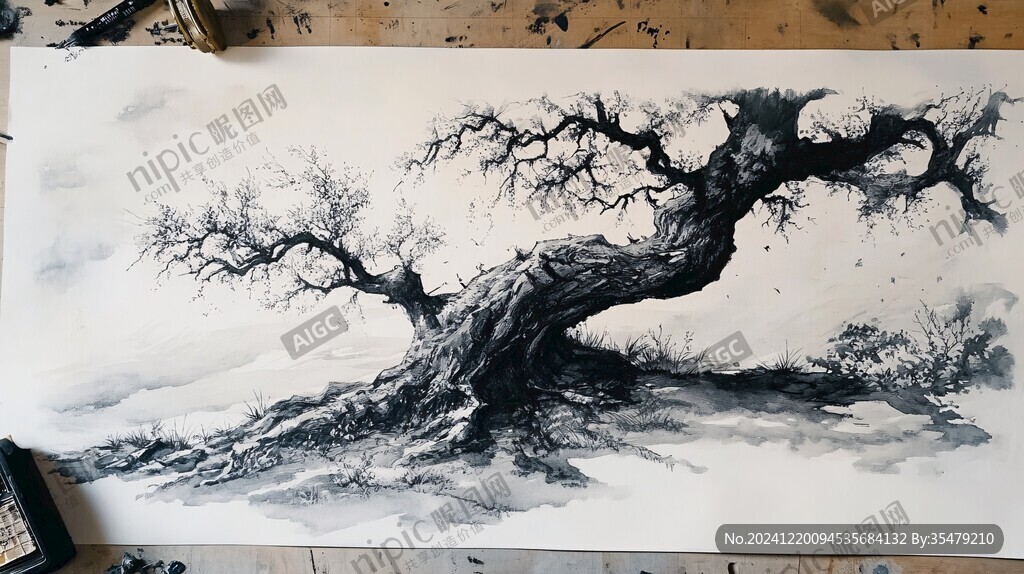 手繪工筆畫古柏