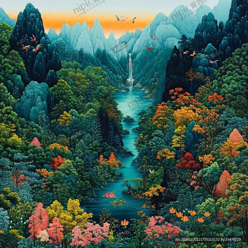 手繪青綠山水秋景